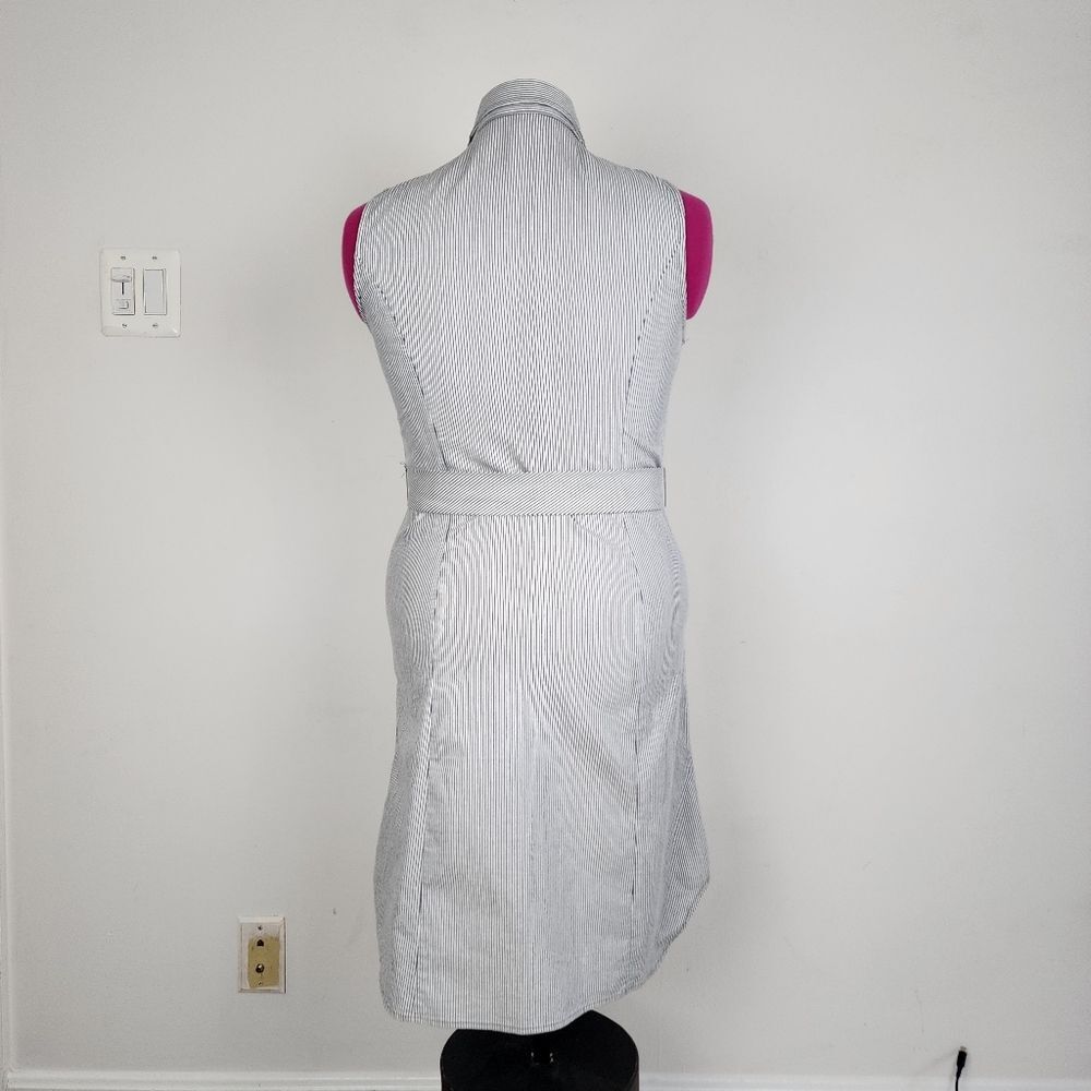Grace Sleeveless Dress Blue Striped Midi Button Front Cotton Blend Tie Waist 6 - Picture 11 of 12